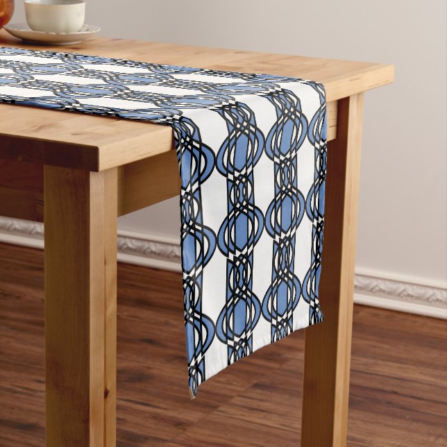 Elegant Mod Blue Abstract Scarab Pattern Short Table Runner (In Situ)