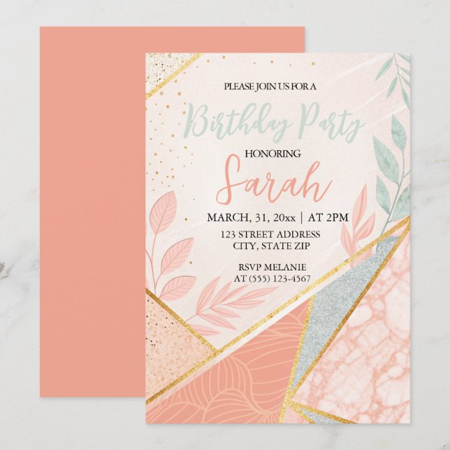 elegant moder floral gold sage birthday  invitation (Front/Back)