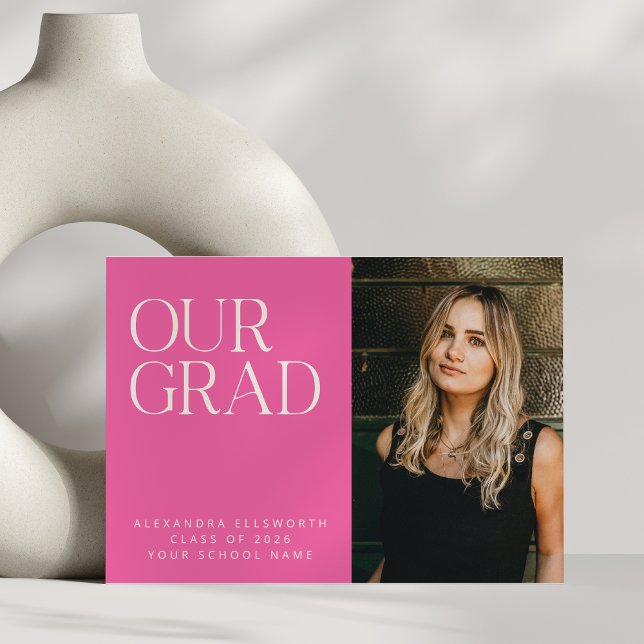 Elegant Modern 2 Photo Hot Pink Simple Graduation Announcement (Creator Uploaded)