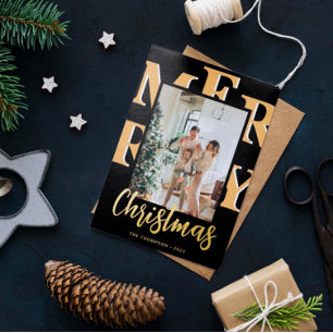 Elegant Modern 2 Photo Merry Christmas Script Foil Holiday Card