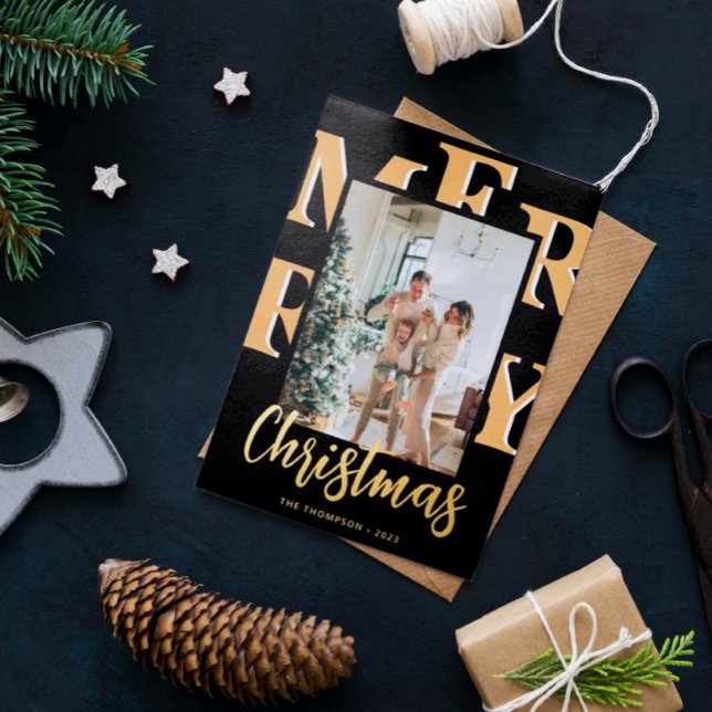 Elegant Modern 2 Photo Merry Christmas Script Foil Holiday Card (Creator Uploaded)