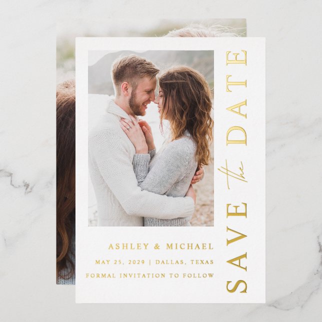 Elegant Modern 2 Photo Wedding Save the Date Gold (Front/Back)