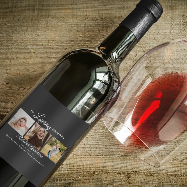 Elegant Modern 3 Photo Collage Memorial Wine Label (Creator Uploaded)
