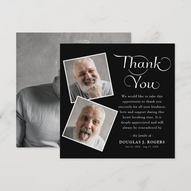 Elegant Modern 3 Photo Memorial Funeral  Thank You Card (Front/Back)