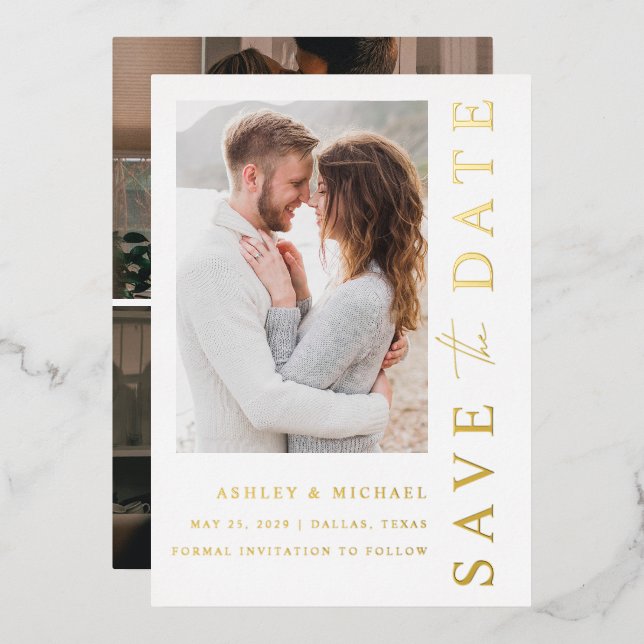 Elegant Modern 3 Photo Wedding Save the Date Gold (Front/Back)