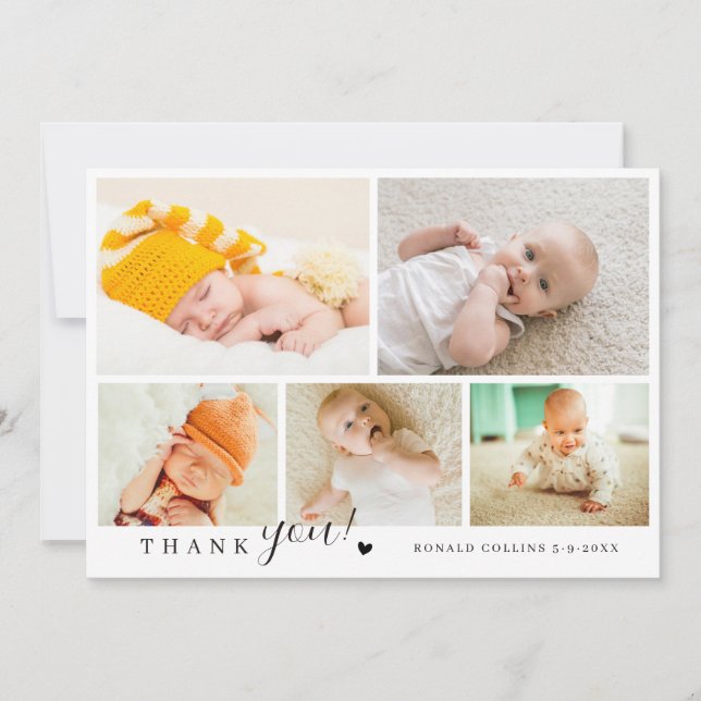 Elegant & Modern 5 Photo Collage Baby Shower Thank You Card (Front)