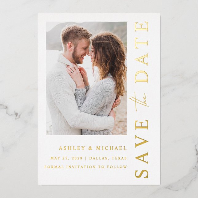 Elegant Modern 5 Photo Wedding Save the Date Gold (Front)