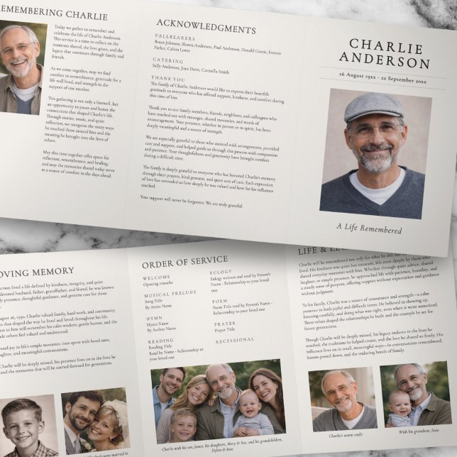 Elegant Modern 7-Photo Celebration of Life Funeral Tri-Fold Programme (Creator Uploaded)