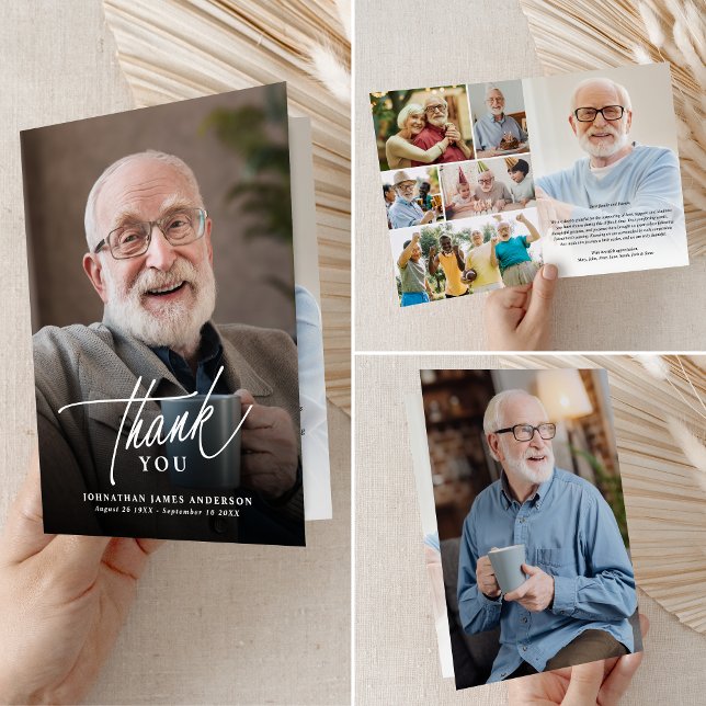 Elegant Modern 8-Photo Funeral/Memorial Thank You Card (Creator Uploaded)