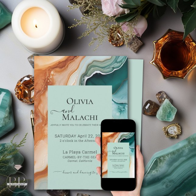 Elegant Modern Abstract Agate Teal Terracotta Invitation (Choose  printed or digital  or both)