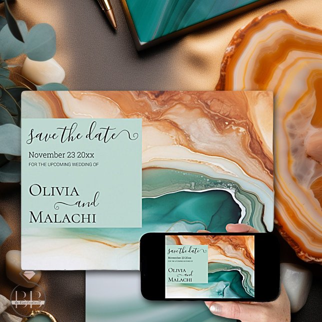 Elegant Modern Abstract Agate Teal Terracotta Invitation (Get this save the date as Printed and digital )