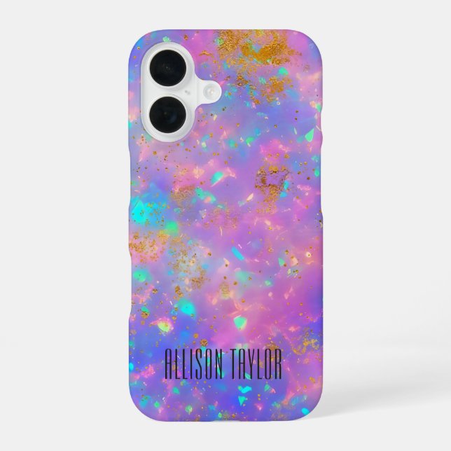Elegant Modern Abstract Gold Fire Opal Custom Name iPhone 16 Case (Back)