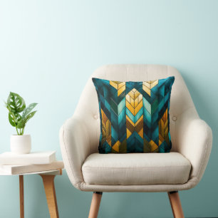 Elegant Modern Abstract Gold Teal Geometric Cushion