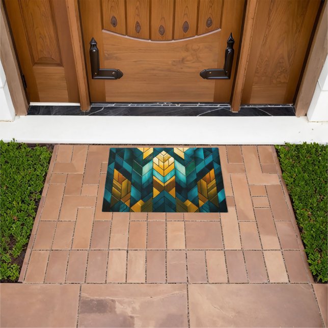 Elegant Modern Abstract Gold Teal Geometric Doormat (Outdoor)