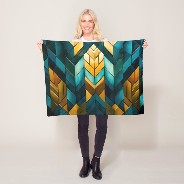 Elegant Modern Abstract Gold Teal Geometric Fleece Blanket (In Situ)