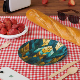 Elegant Modern Abstract Gold Teal Geometric Paper Plate