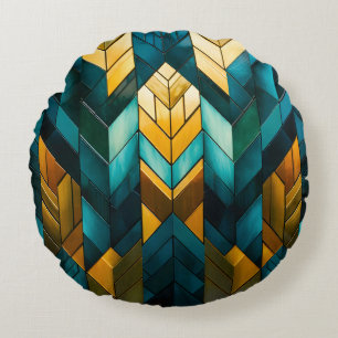Elegant Modern Abstract Gold Teal Geometric Round Cushion
