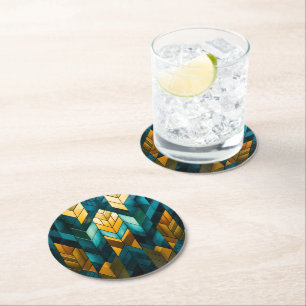 Elegant Modern Abstract Gold Teal Geometric Round Paper Coaster
