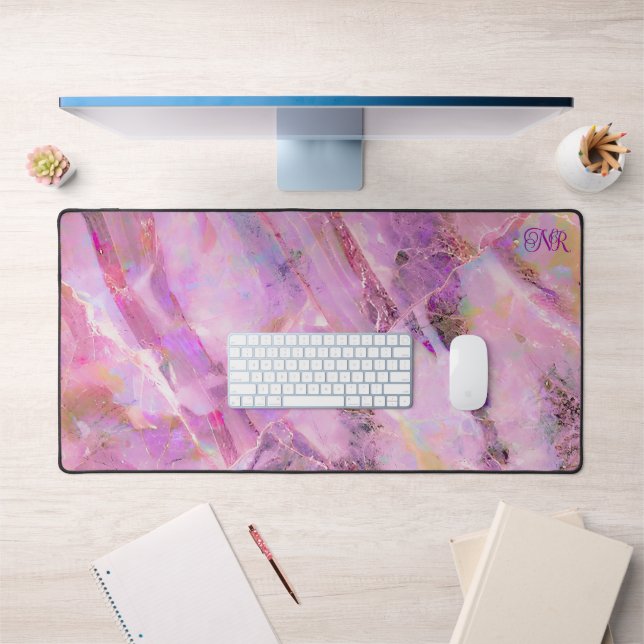  Elegant Modern Abstract Pink Marble Opal Monogram Desk Mat (Office 1)