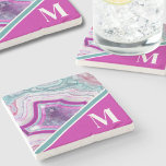 Elegant Modern Agate Initial Monogram Stone Coaster<br><div class="desc">Chic Stylish Turquoise Pink Agate Initial Monogram Stone Coaster.  Crystals and geodes continue to be a favourite trend!  This print features and up close image of a vibrant turquoise and purple (or fuchsia or magenta) geode stone,  complete with little crystals.  Add your initial to make it your own.</div>