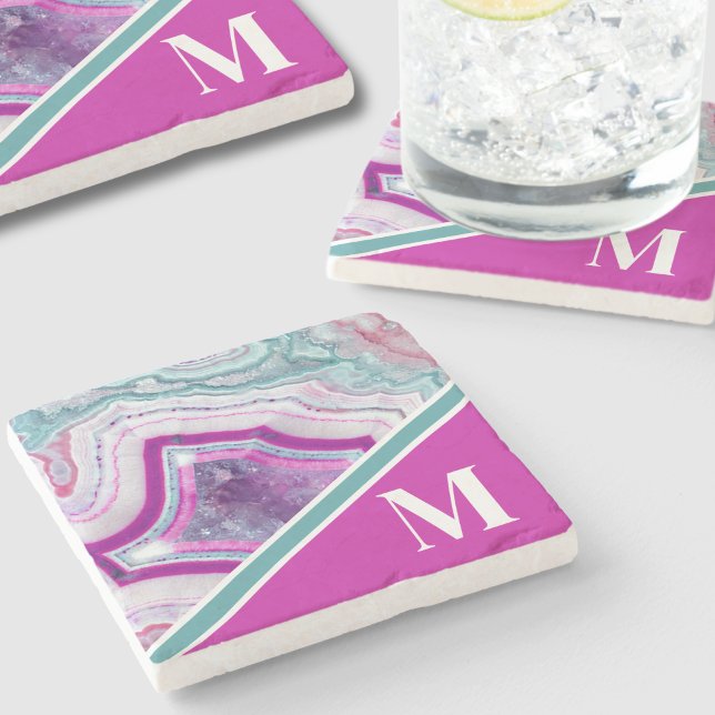 Elegant Modern Agate Initial Monogram Stone Coaster (Chic Stylish Turquoise Pink Agate Initial Monogram Stone Coaster)
