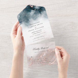 Elegant Modern Alcohol Ink Gold Blush Blue Minimal All In One Invitation
