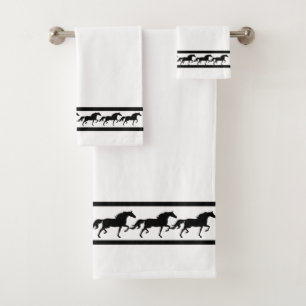 Elegant, Modern and Stylish Black Horses on White Bath Towel Set