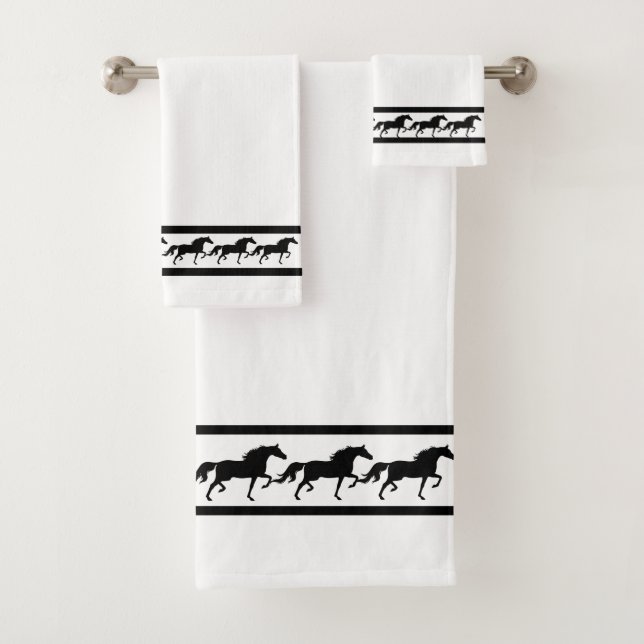 Elegant, Modern and Stylish Black Horses on White Bath Towel Set (Insitu)