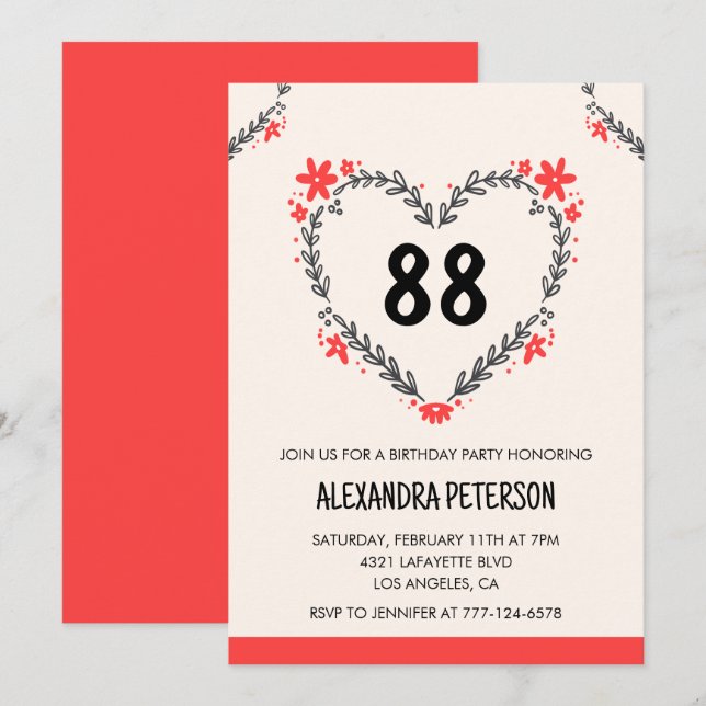 Elegant Modern Any age Floral Heart 88th birthday Invitation (Front/Back)