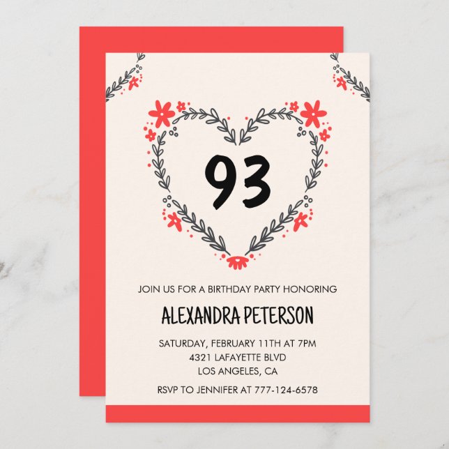 Elegant Modern Any age Floral Heart 93rd birthday Invitation (Front/Back)