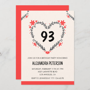 Elegant Modern Any age Floral Heart 93rd birthday Invitation