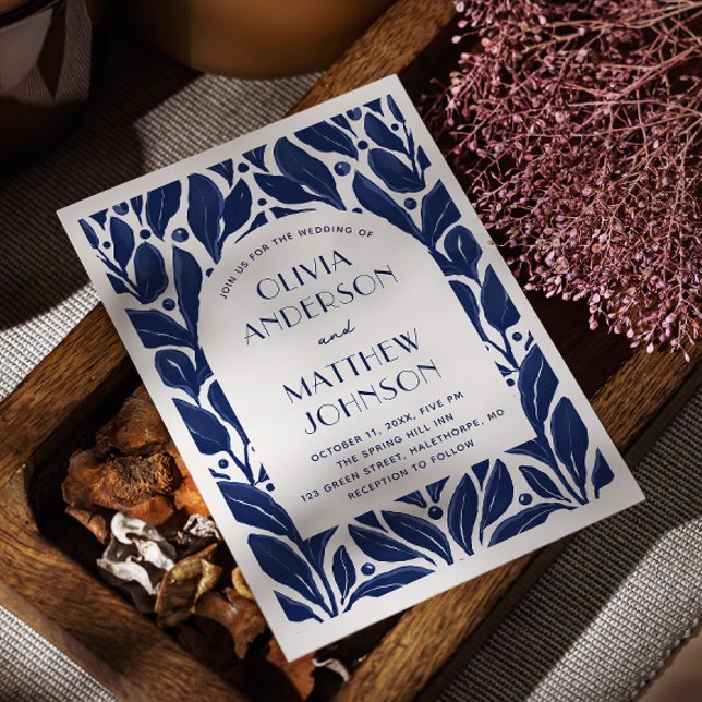 Elegant modern arch. Navy blue floral wedding Invitation (Creator Uploaded)