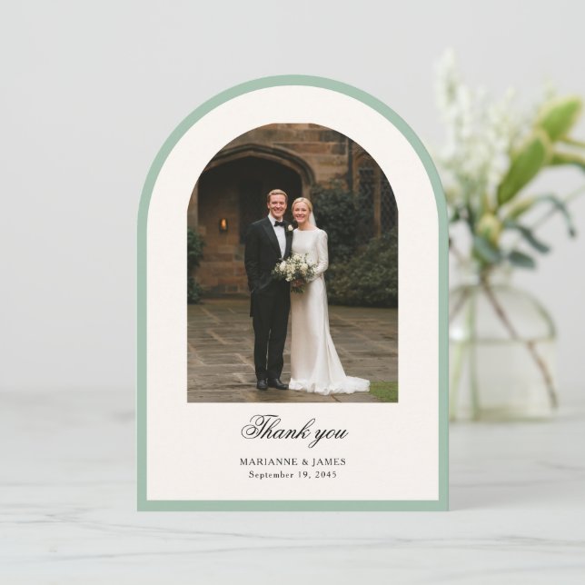 Elegant Modern Arch Photo Wedding Thank You Card (Standing Front)
