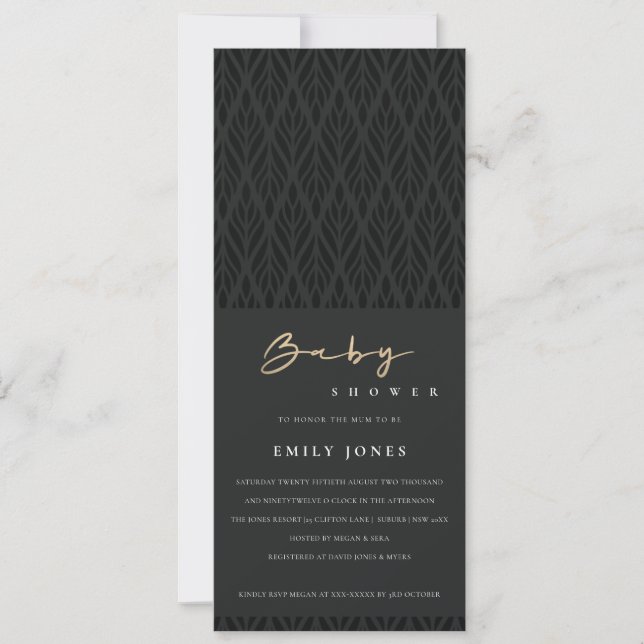 ELEGANT MODERN ART DECO BLACK GOLD BABY SHOWER INVITATION (Front)