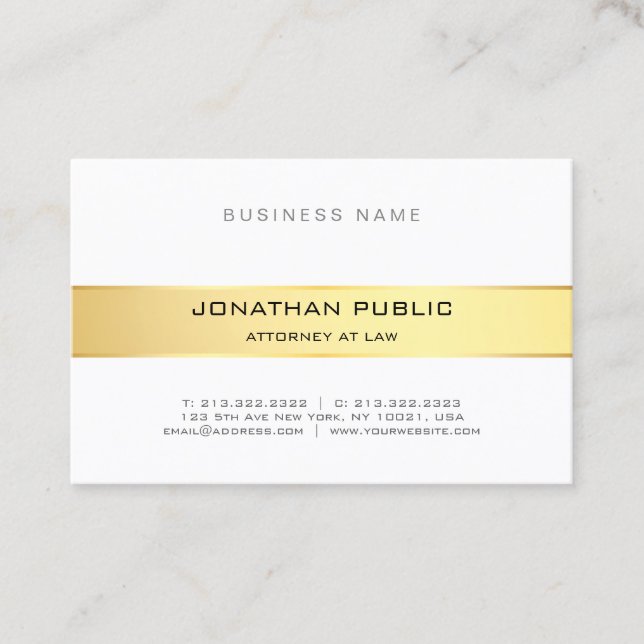 Elegant Modern Attorney Law Office Gold White Chic Business Card (Front)