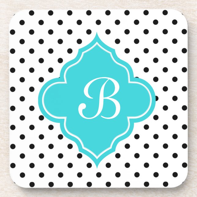 Elegant, modern B&W polka dots monogram Coaster (Front)