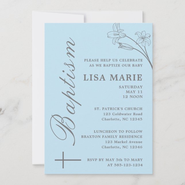 Elegant Modern Baby Blue Baptism Invitation (Front)