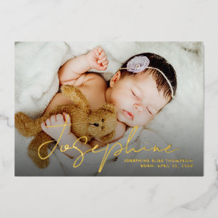 Elegant Modern baby girl name script Photo birth Foil Holiday Card