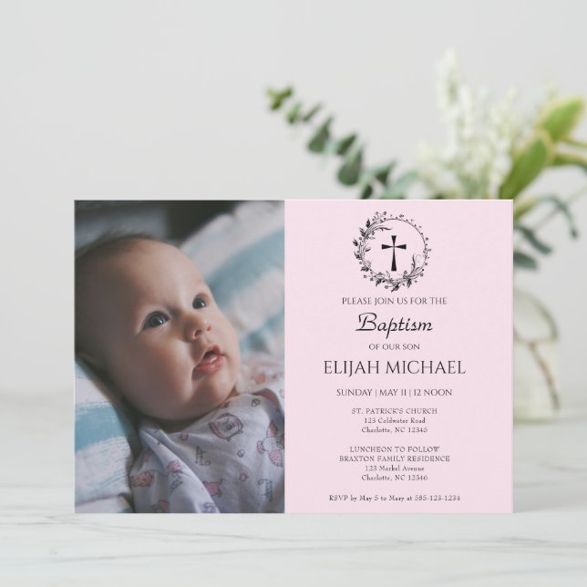 Elegant Modern Baby Pink Baptism Invitation (Standing Front)