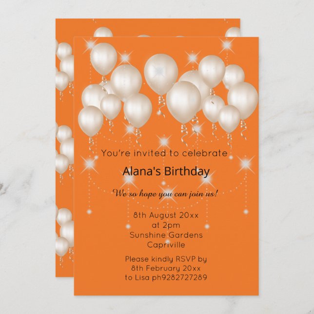 ELEGANT MODERN BALLOON BRIGHT ORANGE BIRTHDAY INVITATION (Front/Back)