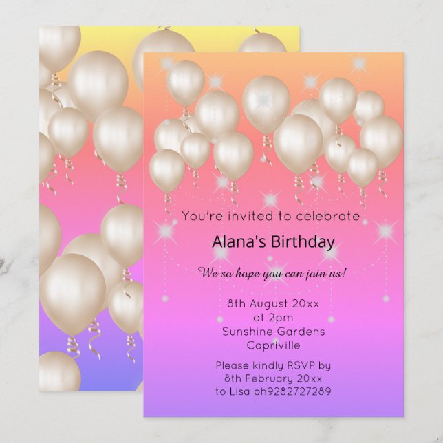 ELEGANT MODERN BALLOON BRIGHT PASTEL BIRTHDAY  INVITATION (Front/Back)