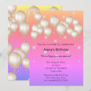 ELEGANT MODERN BALLOON BRIGHT PASTEL BIRTHDAY  INVITATION