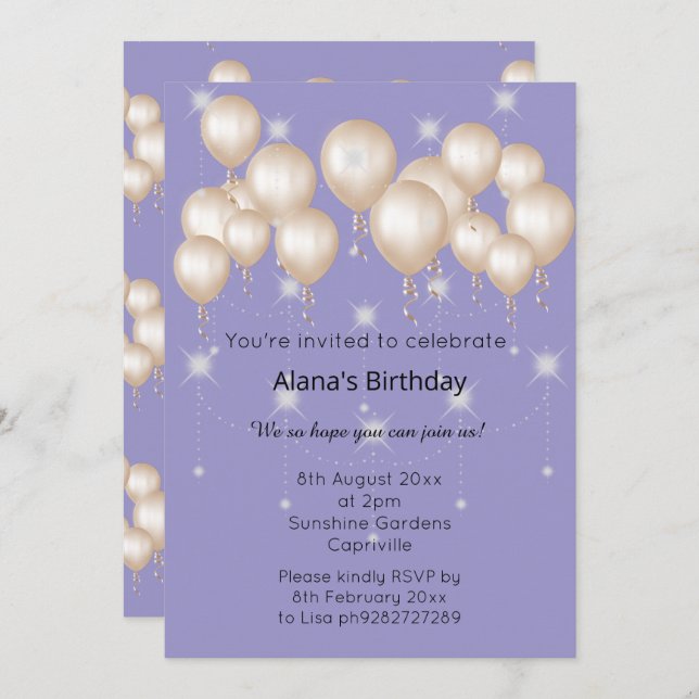 ELEGANT MODERN BALLOON LILAC PURPLE BIRTHDAY INVITATION (Front/Back)