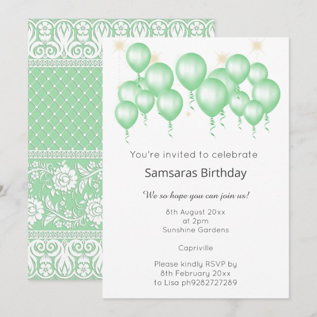 ELEGANT MODERN BALLOON SAGE GREEN LACE BIRTHDAY INVITATION (Front/Back)