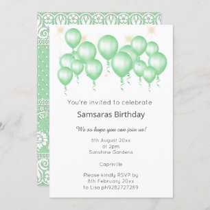 ELEGANT MODERN BALLOON SAGE GREEN LACE BIRTHDAY INVITATION