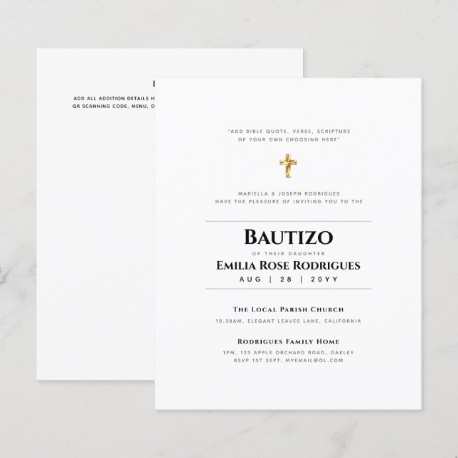 Elegant Modern BAUTIZO Bautismo Baptism -ADD VERSE (Front/Back)