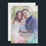 Elegant Modern Be Merry Christmas Photo Card<br><div class="desc">Trendy, simple design featuring your favourite photo. Illustrated with soft pastel triangles in shades of pink, blue, white and gold. It reads "be merry" in fancy, modern script typography. White tiny stars to add a sparkling look to your Holidays photo cards. Change font colours to better match your photo. Stripes...</div>