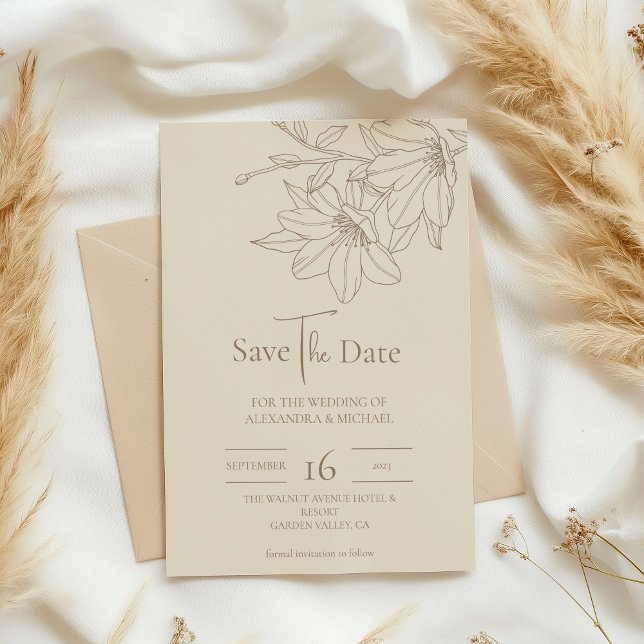 Elegant Modern Beige Lineart Floral Wedding Save The Date (Creator Uploaded)