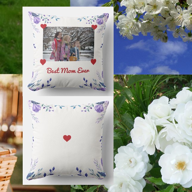 Elegant Modern Best Mum Ever Hearts Photo Floral Cushion (Best Mom Ever. Elegant personalized floral photo pillow for Mother's day. Photo held by red hearts)