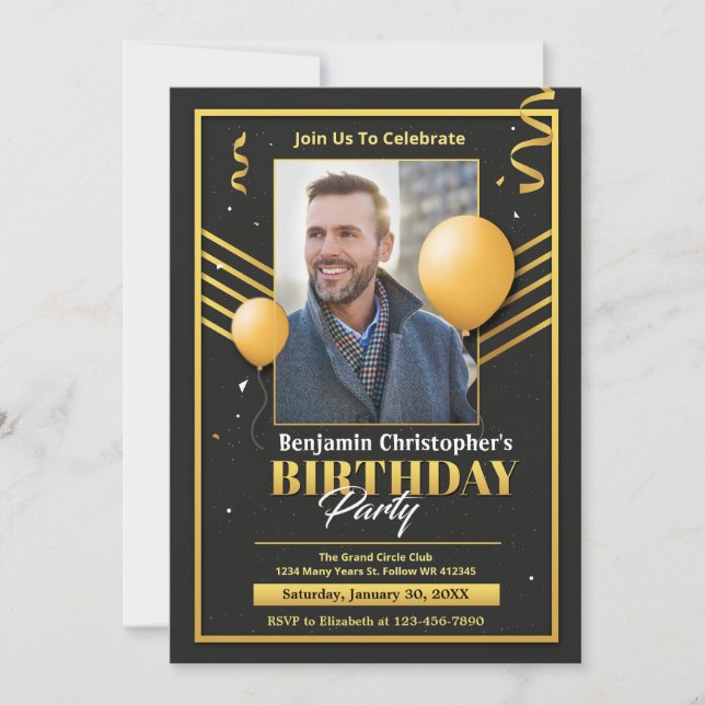 Elegant Modern Birthday Black Gold Photo Party  Announcement (Front)